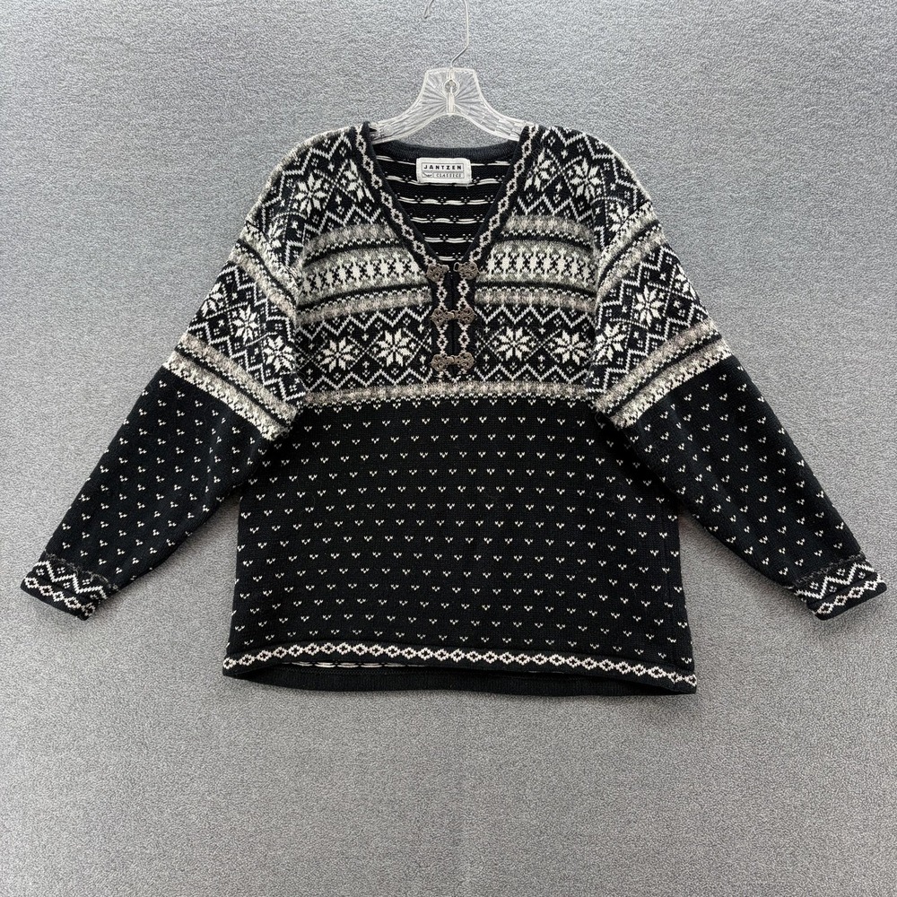 VTG Jantzen Sweater Womens Medium Black Fair Isle Ski Relaxed Pullover Clasps